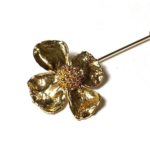 Stick Pin Dogwood Flower Four Leaves Vintage Estate Large Unique Rare Gold Tone - Picture 6 of 6